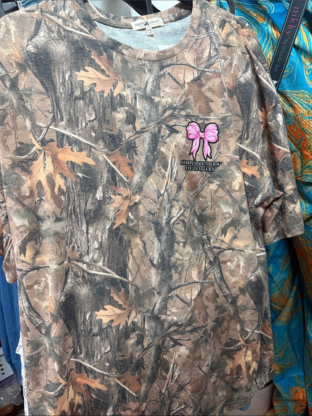 Simply Southern Womens Camouflage Tee with Pink Bow Accent